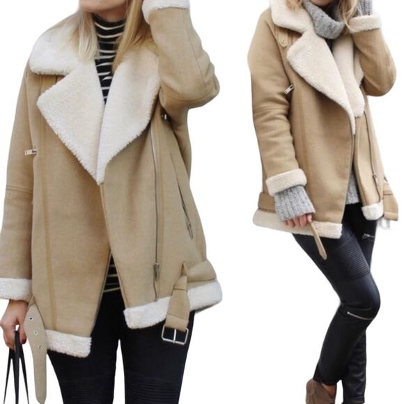 Zara Basic Wool Sherpa Blend Long Sleeve Coat.  Tan/Cream. Medium. Streetwear. - Picture 1 of 16